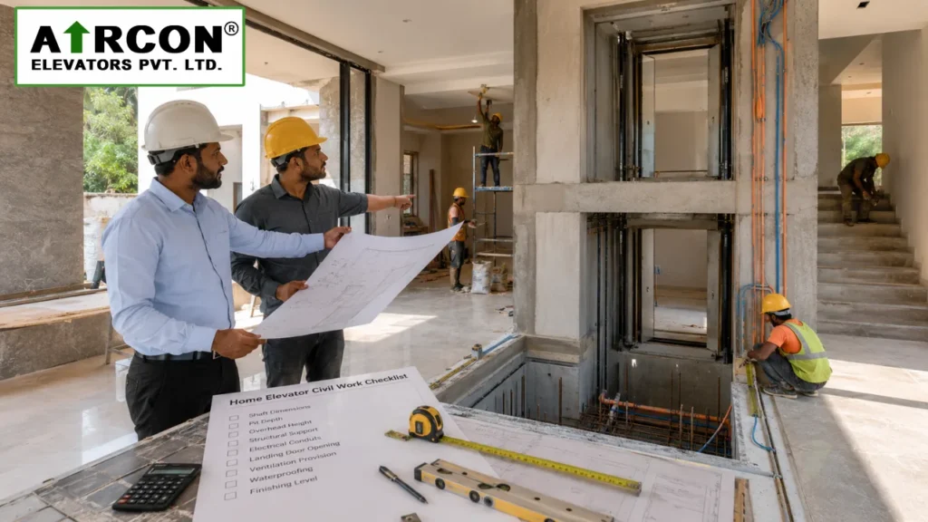 Home Elevator Civil Work Checklist showing elevator shaft preparation, pit construction, electrical planning, and civil work before residential lift installation.