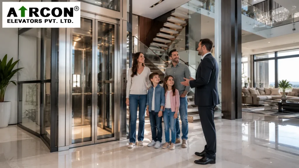 Modern home elevator installed inside a luxury multi-storey house to improve accessibility and property value